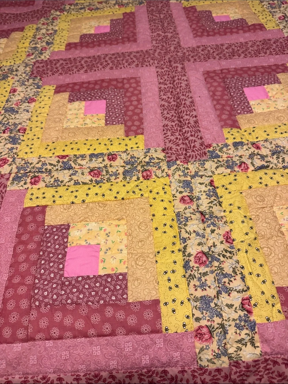 Handmade Pink and Yellow Patchwork Quilt - Home Bedding Queen Size